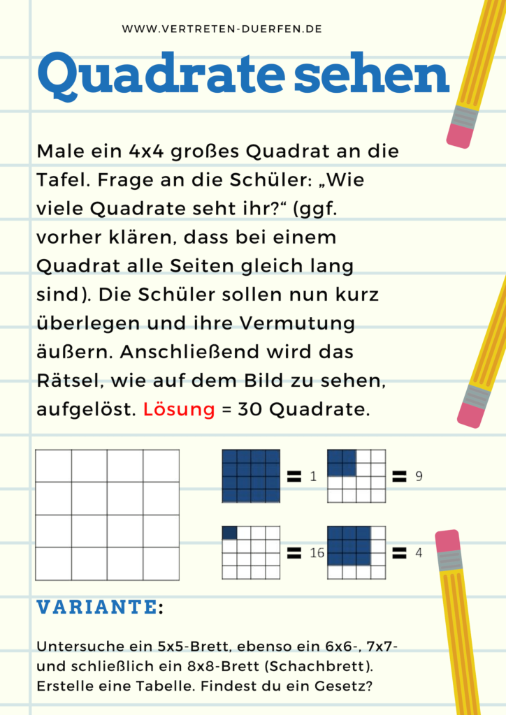 Unterrichtsidee Vertretung: Quadrate-Sehen